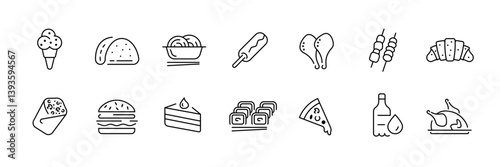 Linear food icons set: ice cream, tacos, pizza, burgers, and more delicious treats