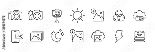 Photography linear icon set: cameras, editing tools, cloud storage, and more