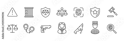 Law and justice icons set: comprehensive linear style collection for legal concepts