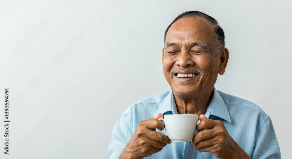 Elderly asian male enjoying coffee with a content smile in casual attire Elderly asian male enjoying coffee with a content smile in casual attire