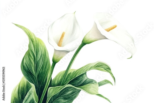 Beautiful watercolor painting of white calla lilies and green leaves