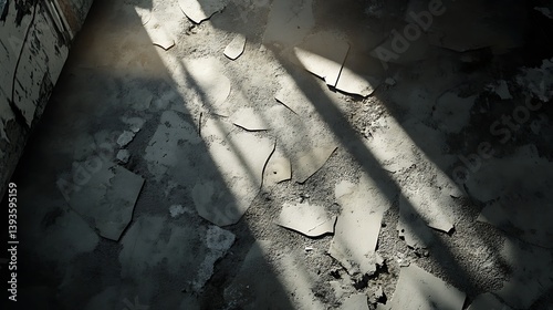 Dimly lit room with a cracked concrete floor, showcasing long shadows cast by sunlight filtering through, evoking a sense of abandonment and decay