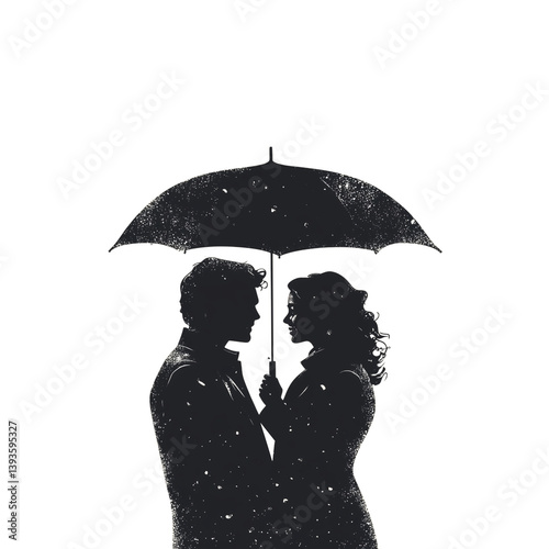 Silhouette of a couple standing under an umbrella in the rain isolated on a transparent background