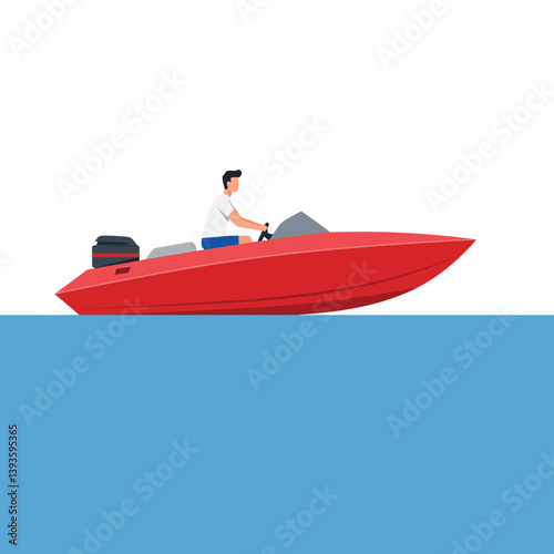 Red motorboat moving across blue water in flat vector illustration