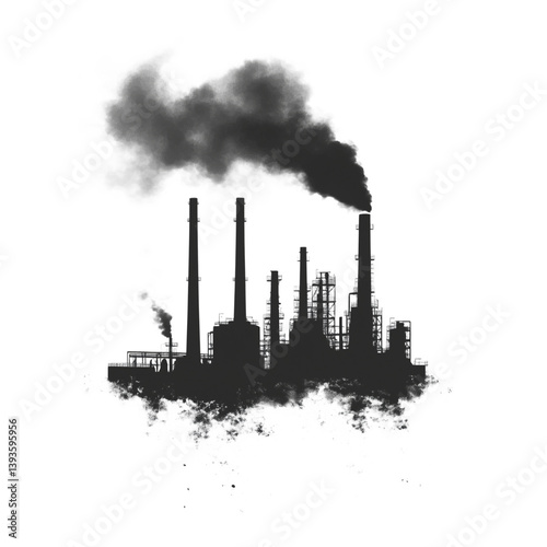 Silhouette of an industrial factory emitting smoke isolated on a transparent background