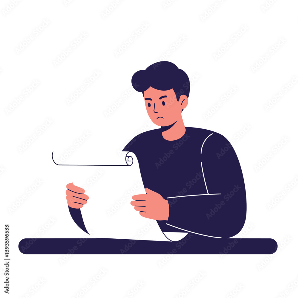 Person reading a document with focused expression in flat vector art Person reading a document with focused expression in flat vector art