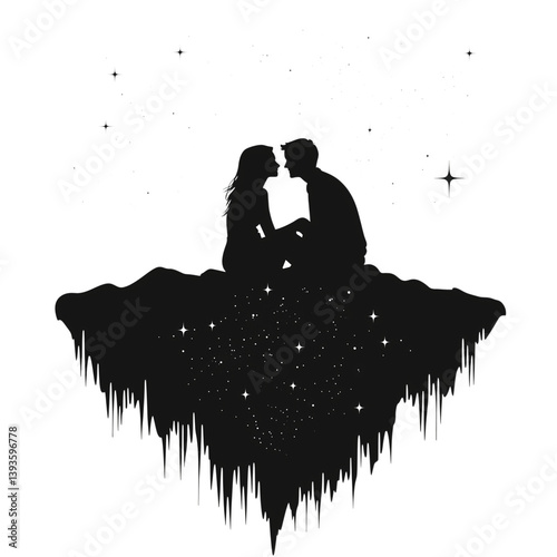 Silhouette of a couple embracing on a floating rock in space isolated on a transparent background