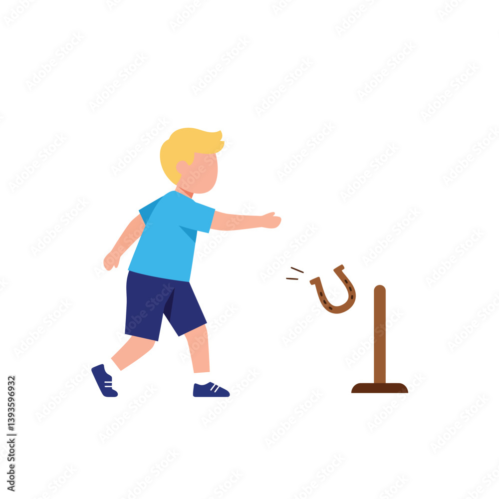 Fototapeta premium Young boy preparing to throw horseshoe in flat vector art illustration