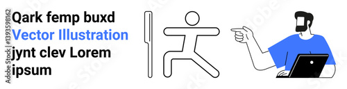 Stick figure running near barrier, man pointing while working on laptop, and nonsensical text. Ideal for teamwork concepts, communication, leadership, analysis, warning, instructions flat landing