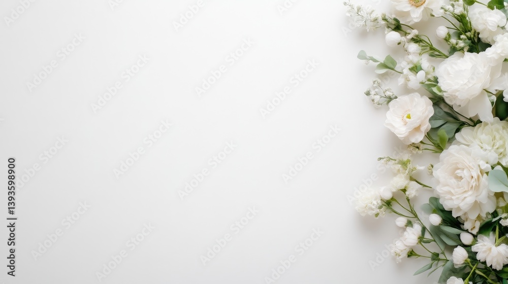 White flowers arranged on a pristine background, elegant floral composition with delicate blooms and lush greenery, and minimalist design. White flowers arranged on a pristine background, elegant floral composition with delicate blooms and lush greenery, and minimalist design.