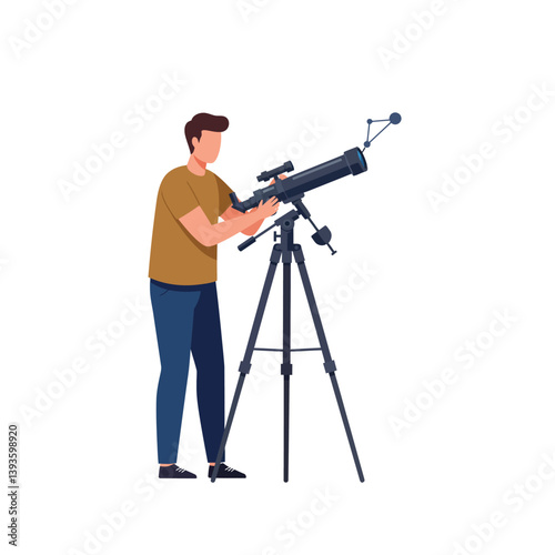 Person observing stars with telescope in flat style vector art