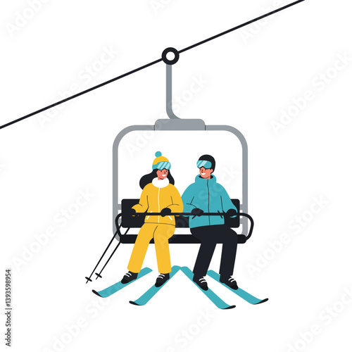 Skiers on a chairlift enjoying the winter scenery in minimal vector art