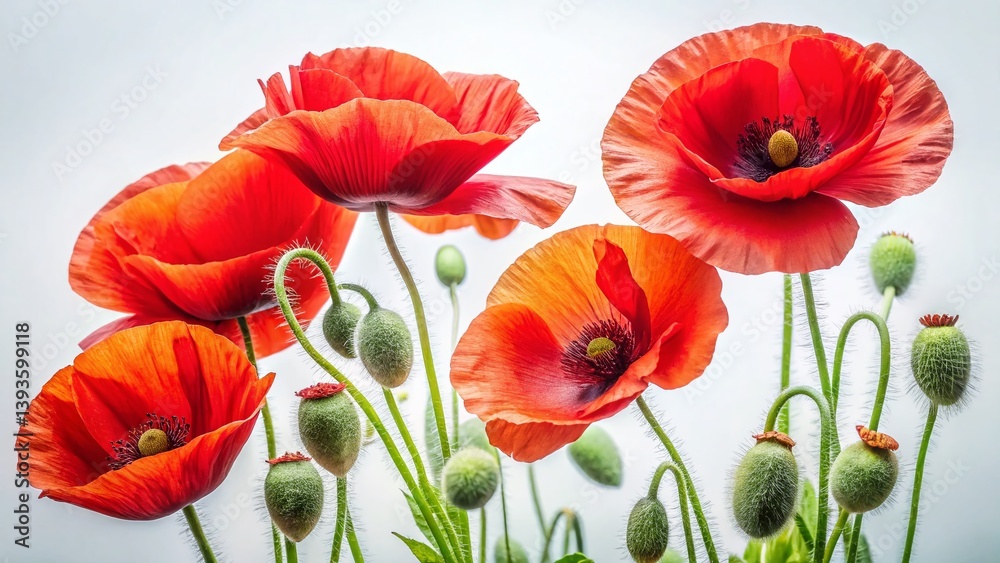 Obraz premium Vibrant Red Poppy Buds Against a Crisp White Background A CloseUp Floral Image