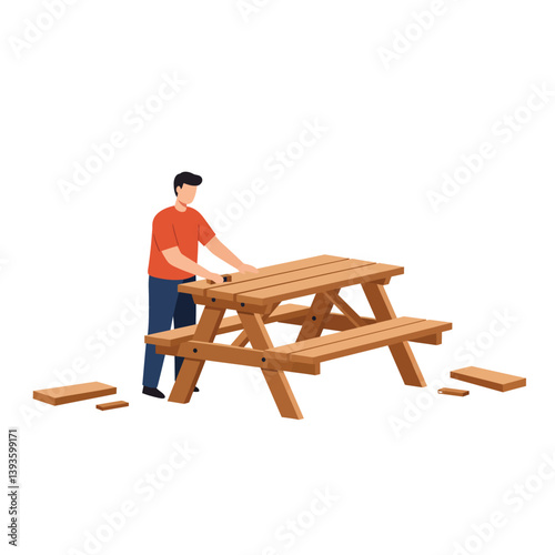 Man assembling a wooden picnic table in a flat vector illustration