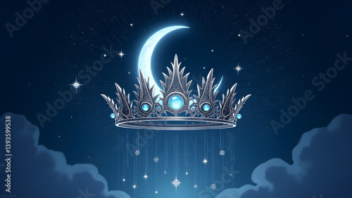 Moon goddess crown floats among constellations. Moonstones glow with starlight as falling stars pay homage in night sky.