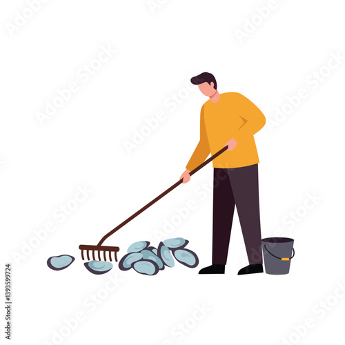 Man raking seashells with a bucket in flat vector illustration style