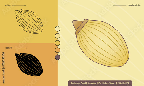 Vector illustration of coriander seed in outline, silhouette, and semi-realistic styles. Editable EPS, perfect for Eid cuisine, kitchen spices, herbal design, or culinary icons.