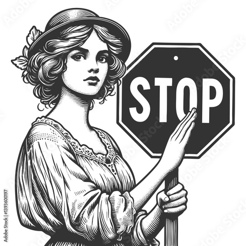 woman with flowing hair holding a stop sign, blending beauty and authority sketch engraving generative ai fictional character vector illustration. Scratch board imitation. Black and white image.