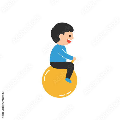 Happy child bouncing on a large yellow ball in flat vector art
