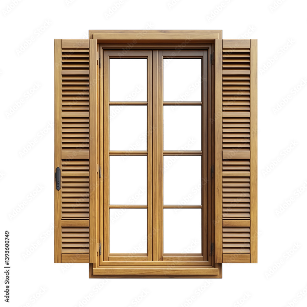 Wooden Window Frame with Shutters and Glass Panes, Transparent Background Wooden Window Frame with Shutters and Glass Panes, Transparent Background