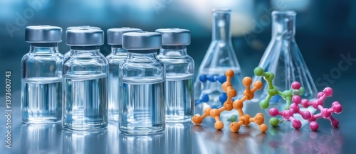 vaccine antibody trial concept. Laboratory glassware and vials with colorful molecular models on a reflective surface.