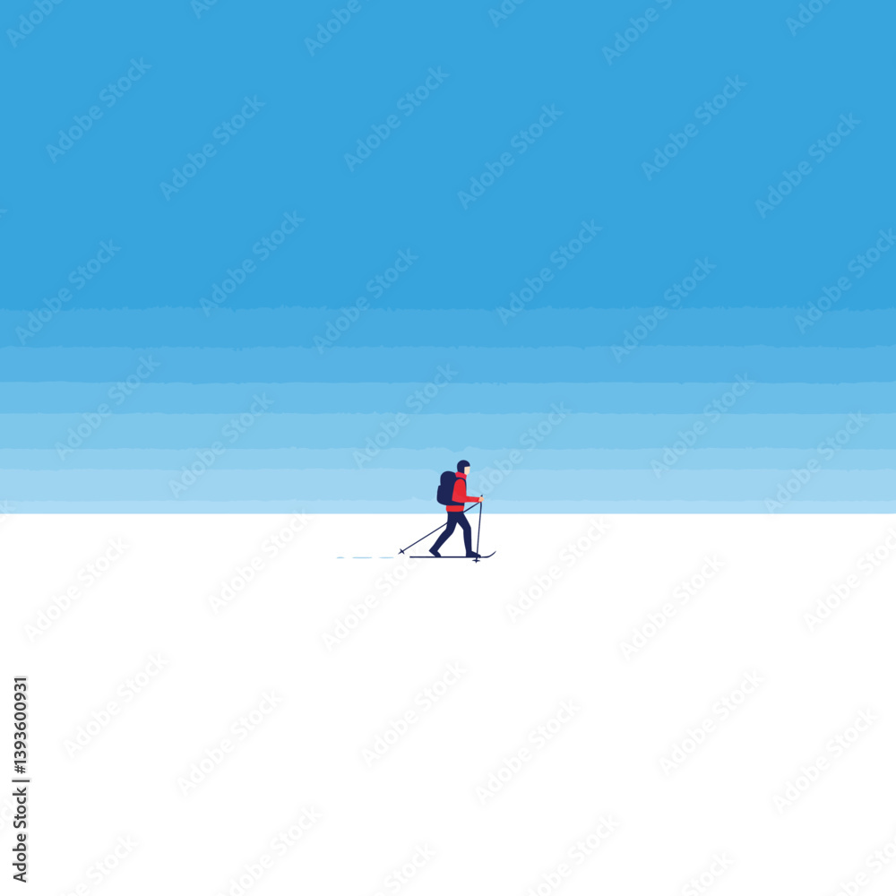 Hiker walking through vast snow landscape in flat vector art style Hiker walking through vast snow landscape in flat vector art style