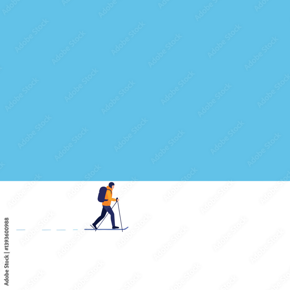 Person walking in a minimalist landscape with blue sky and snow vector art Person walking in a minimalist landscape with blue sky and snow vector art