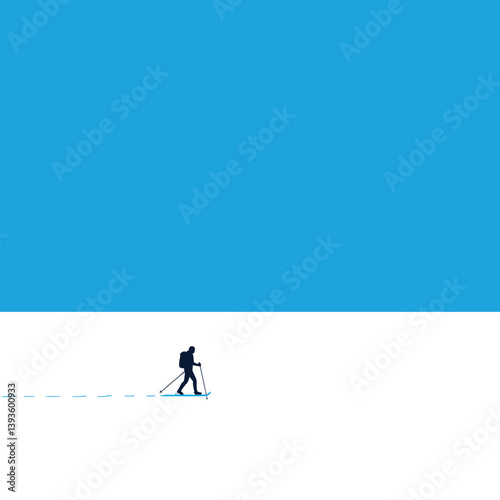 Person trekking through snow in minimal flat design vector art