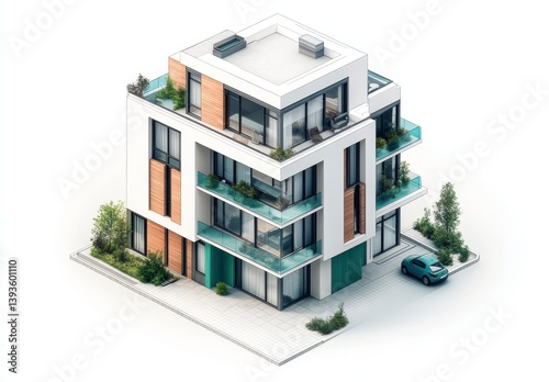 Modern White and Teal Apartment Building Isometric 3D Rendering