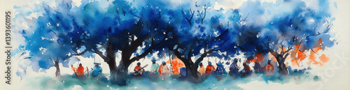 Beautiful Watercolor Painting of People Enjoying Leisurely Gathering Under Large Blue Trees Peaceful Vibrant Nature Scene Artwork Ideal for Home Decor and Wall Art Print