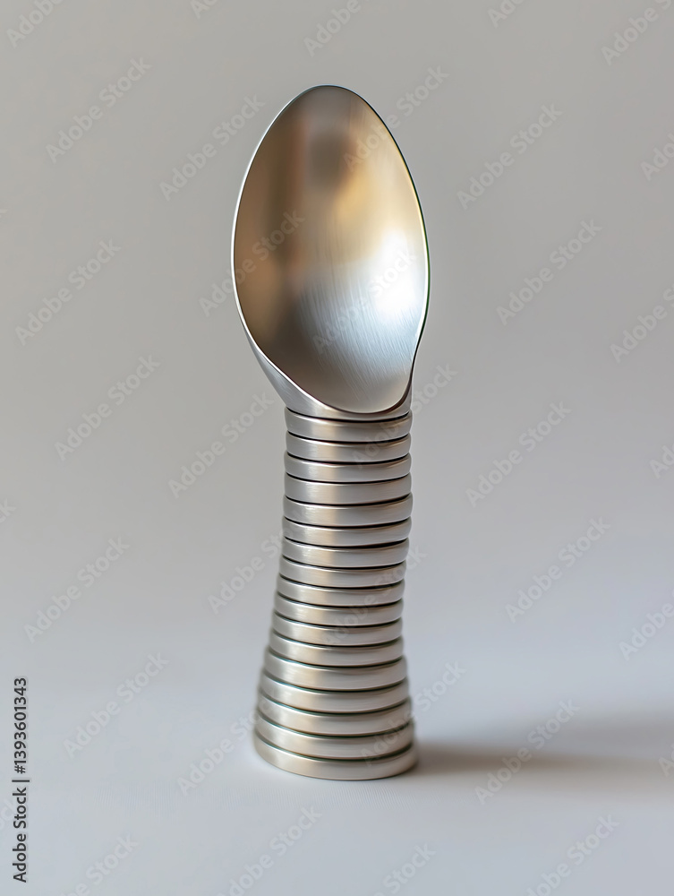 Sculptural metal spoon with a unique ridged and undulating handle standing alone against a plain background. Sculptural metal spoon with a unique ridged and undulating handle standing alone against a plain background.