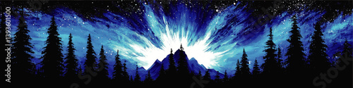 Majestic Night Sky Vector Art Featuring Mountain Peak Silhouette Surrounded by Pine Trees and Dramatic Cosmic Starburst Beautiful Nature Landscape Illustration