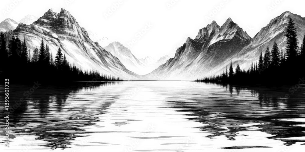 Majestic Black and White Vector Illustration of Serene Mountain Landscape Reflecting on Calm Lake with Pine Trees Nature Scene Wilderness Art for Backgrounds and Prints Majestic Black and White Vector Illustration of Serene Mountain Landscape Reflecting on Calm Lake with Pine Trees Nature Scene Wilderness Art for Backgrounds and Prints