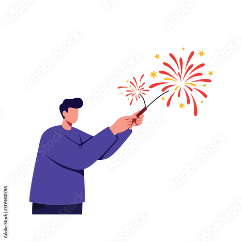Person holding sparkler with colorful fireworks in flat minimal vector art
