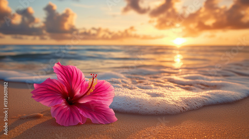 Hibiscus Flower on Beach at Sunset. Vivid pink hibiscus flower lying on the beach sand with soft ocean waves and golden sunset in the background. Tranquil and tropical setting.