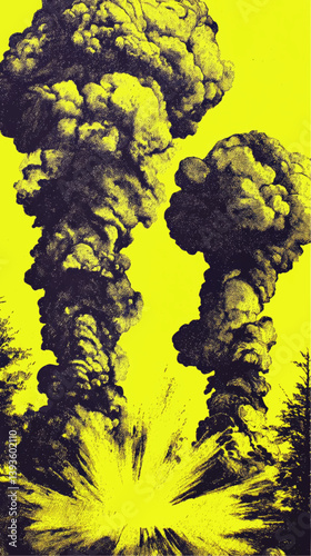 Dramatic Vector Illustration of Large Explosions with Dark Smoke Clouds Rising Against a Bright Neon Yellow Background Depicting Chaos War and Massive Destruction Scene
