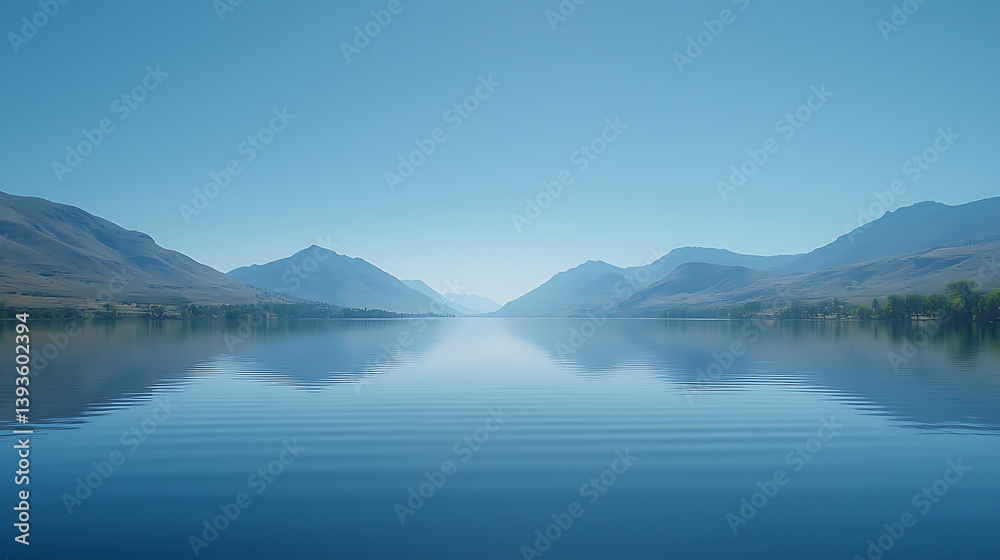 Serene lake reflecting distant mountains under a clear light blue sky evoking tranquility and natural beauty. Serene lake reflecting distant mountains under a clear light blue sky evoking tranquility and natural beauty.