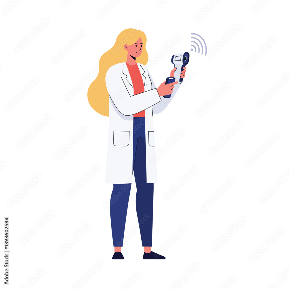 Female scientist in white coat using digital thermometer in flat vector art Female scientist in white coat using digital thermometer in flat vector art