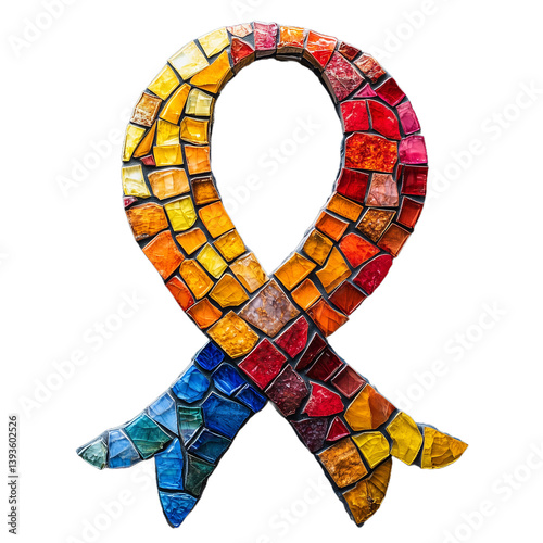 Mosaic ribbon symbol in various bright colors, representing unity, hope, and diversity, isolated on a transparent background