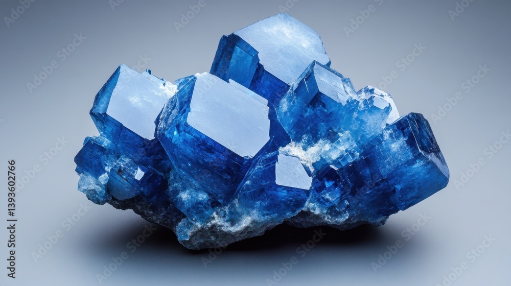 Striking blue crystal cluster with sharp, geometric formations and a textured base, illuminated against a soft gradient backdrop