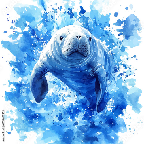 Amazonian manatee, watercolor illustration, isolated on a white background.

