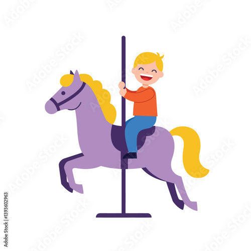 Happy child riding a purple carousel horse in flat vector art
