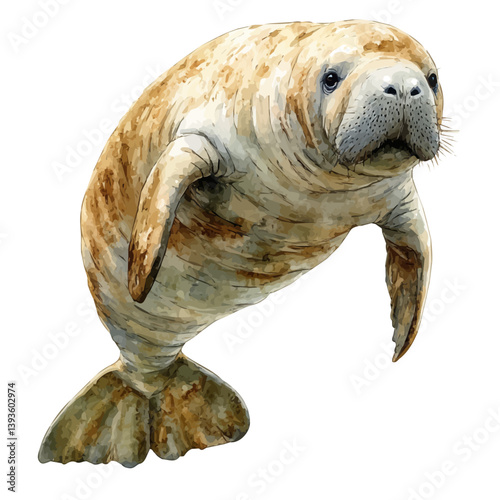 Amazonian manatee, watercolor illustration, isolated on a white background.

