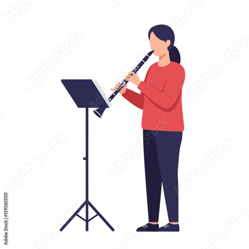 Young woman playing a clarinet in a flat minimal vector illustration