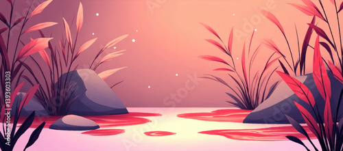 Calming Peaceful Vector Illustration of Mystical River Scene at Sunset with Soft Pink Tones Tranquil Nature Scenery Rocks Plants Relaxing Waterscape Background Design