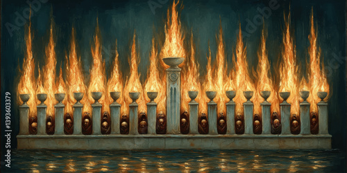 Mystical Fantasy Scene of Ancient Stone Columns with Flaming Torches Reflected in Water Dark Ritualistic Setting with Burning Fire and Hidden Cloaked Figures Art