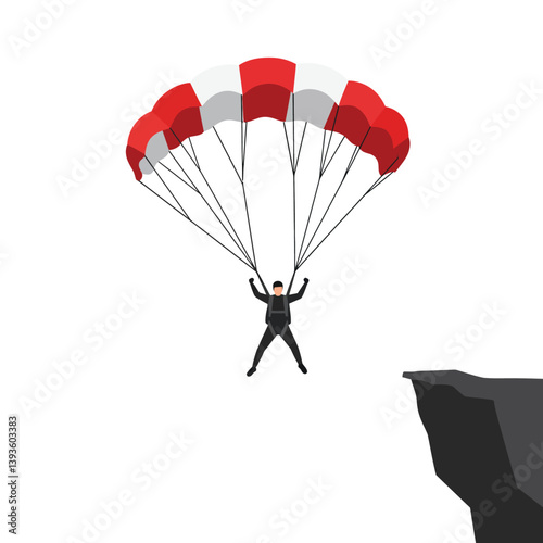 Parachutist in action with red and white parachute in flat vector art