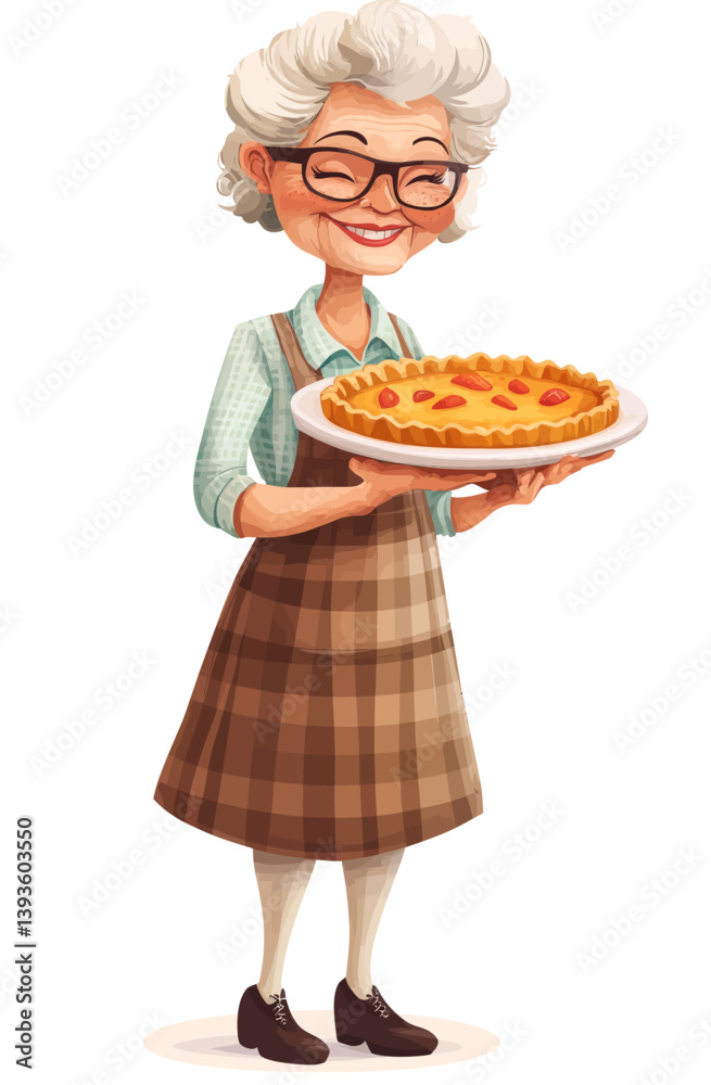 A grandmother is depicted holding a freshly baked pie in a flat modern art style A grandmother is depicted holding a freshly baked pie in a flat modern art style