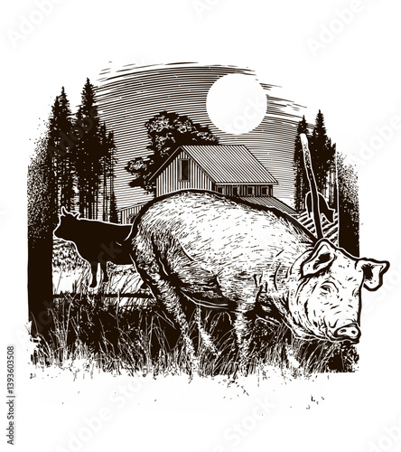 Farmyard Serenity: A rustic barn and a pig grazing in a field beneath the moonlight, with a cow adding to the rural charm, evoke the simple, timeless beauty of the countryside.