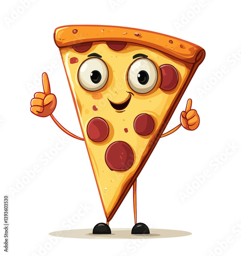 A modern flat art depiction of a pizza slice character with a playful expression